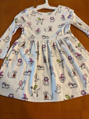 Cat & Jack Cream Long-Sleeve Dog , cat and fish Print Dress Pink /Green Accents